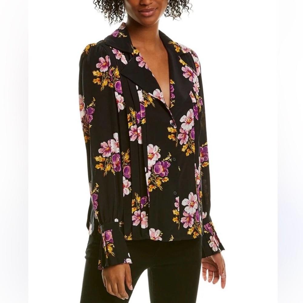 Zadig & Voltaire Tessa Peonies Black & Purple Floral Summer Pintuck Silk Blouse